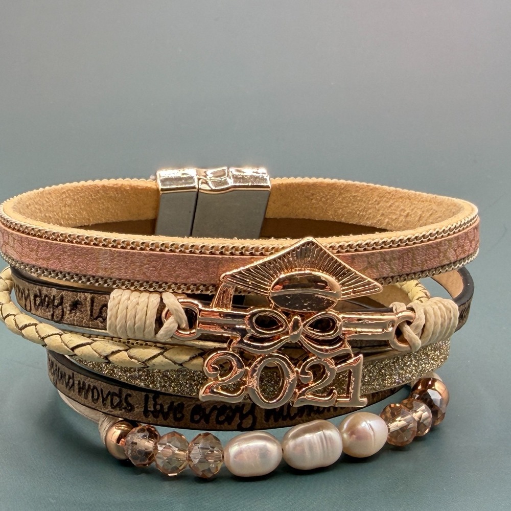 2021 Graduation Cap Multi Strand Bracelet Rose Gold Tone Pearl Crystal Magnetic